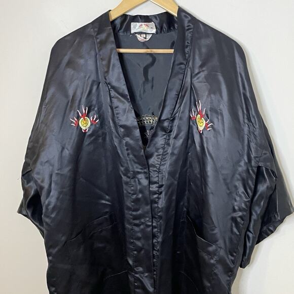 VTG MCM Asian Black Silk Embroidered Golden Chinese Dragon Robe Kimono Sz S/M/L - Picture 16 of 16